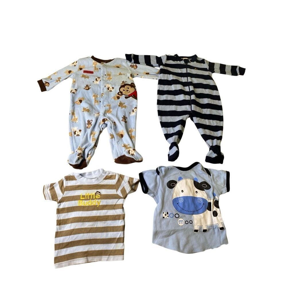Lot of 4 Baby Gap Carter’s Baby Boy Pajama Shirt Bundle 3-6M Blue Animal Striped